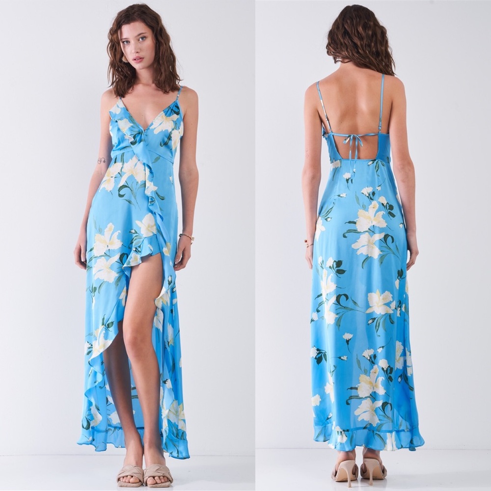Sky Blue Floral Maxi Dress with V-Neck and High Slit
